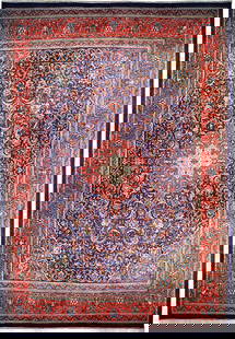 Navy Blue 9.8 x 13.4 Hand-knotted Persian Sarouk Rug: Navy Blue 9.8 x 13.4 Hand-knotted Persian Sarouk Rug Transform your home with this stunning 9.8 x 13.4 Navy Blue Hand-knotted Semi-Antique Persian Sarouk Rug. Handcrafted by skilled Persian artisans,