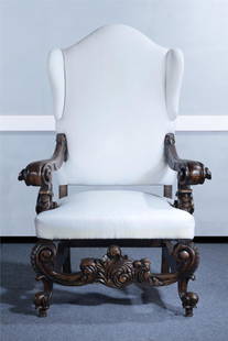 Exquisite Baroque Chair with Distressed Walnut Muslin Finish: Exquisite Baroque Chair with Distressed Walnut Muslin Finish This exquisite Baroque chair embodies timeless elegance with its intricate carvings and ornate design. Crafted in a vintage style, it featu