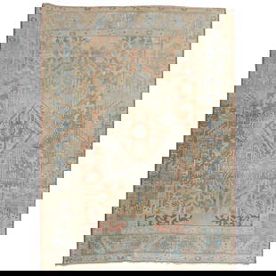 Vintage Persian Heriz Rug Apricot Blue 4'6 x 6'3 Hand-Woven Wool: Vintage Persian Heriz Rug Apricot Blue 4'6 x 6'3 Hand-Woven Wool Discover the beauty of this Apricot Soft Blue Traditional Persian Heriz rug, a stunning accent piece that embodies rustic charm. Hand-w
