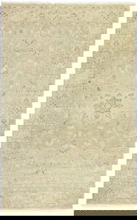 Handmade 4'2 x 5'11 Transitional Floral Wool Area Rug: Handmade 4'2 x 5'11 Transitional Floral Wool Area Rug Enhance your space with this Handmade Transitional Oriental Area Rug, showcasing a muted color palette featuring pinkish beige, cream, and brown t