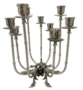 Elegant 925 Sterling Silver 9-Light Candelabra with Leaf Applique: Elegant 925 Sterling Silver 9-Light Candelabra with Leaf Applique Illuminate your space with this exquisite 9-light candelabra, crafted from fine 925 sterling silver. This modern piece features intric