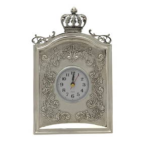 Elegant 925 Sterling Silver Table Clock with Chased Swirl Crown 8.5": Elegant 925 Sterling Silver Table Clock with Chased Swirl Crown 8.5" This exquisite table clock features a finely crafted design in 925 sterling silver, showcasing a handmade chased swirl crown. The c