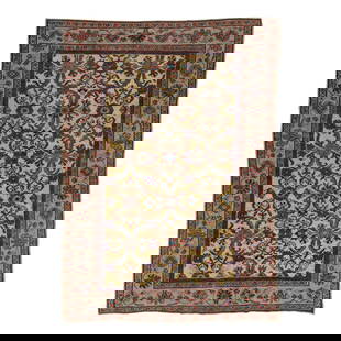 Antique Persian Mahal Handmade Wool Rug 7 x 10 Tan Floral: Antique Persian Mahal Handmade Wool Rug 7 x 10 Tan Floral This exquisite antique Persian Mahal rug features a beautiful tan-beige field adorned with blue and rust accents, showcasing an intricate