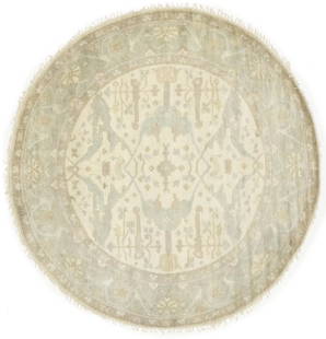 Hand-Knotted Cream Floral Oushak Chobi Rug 8ft Round Wool Carpet: Hand-Knotted Cream Floral Oushak Chobi Rug 8ft Round Wool Carpet Enhance your home decor with this exquisite hand-knotted cream round Oushak Chobi Oriental rug. Measuring 8 feet by 8 feet, this stunni
