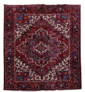 Handcrafted 8'1" x 9'3" Red Persian Heriz Rug - Timeless Elegance: Handcrafted 8'1" x 9'3" Red Persian Heriz Rug - Timeless Elegance This exquisite 8' 1" x 9' 3" Red Persian Heriz rug is a handcrafted masterpiece created by skilled Persian artisans. The rug features