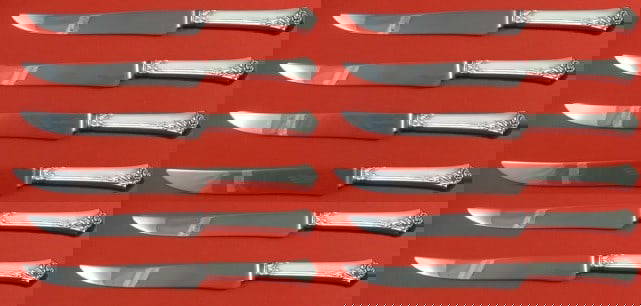 Oneida Damask Rose Sterling Silver Steak Knife Set 12 pcs 8.5 in: Oneida Damask Rose Sterling Silver Steak Knife Set 12 pcs 8.5 in This elegant custom set of 12 steak knives features the exquisite Damask Rose pattern by Oneida. Each knife measures 8 1/2 inches and i