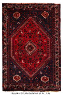 6.7 x 10 Persian Shiraz Geometric Tribal Rug Semi-Antique: 6.7 x 10 Persian Shiraz Geometric Tribal Rug Semi-Antique This stunning semi-antique Persian Shiraz rug features a captivating geometric tribal design, measuring 6.7 x 10 feet. Its vibrant colors and
