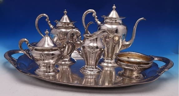 Lebolt Hand Hammered Sterling Silver Tea Set 6pc with SSD Monogram: Lebolt Hand Hammered Sterling Silver Tea Set 6pc with SSD Monogram This exquisite six-piece tea set by Lebolt showcases the elegance of hand-hammered sterling silver, beautifully adorned with an appli