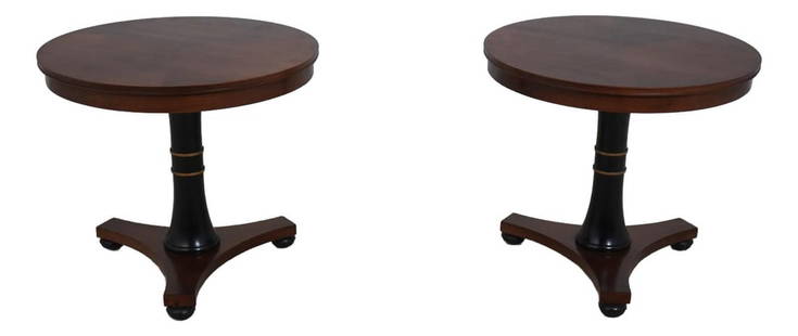 Drexel French Empire Cherry Wood Accent Lamp Tables Pair: Drexel French Empire Cherry Wood Accent Lamp Tables Pair This exquisite pair of Drexel round cherry pedestal accent lamp tables showcases a stunning French Empire design with fine carved details. Craf
