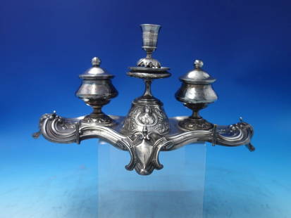 Antique Coin Silver Inkwell with Women's Bust 12 x 7 inches c. 1840: Antique Coin Silver Inkwell with Women's Bust 12 x 7 inches c. 1840 This fabulous coin silver inkwell features a bust of women and acanthus leaves, circa 1840. Measuring 12" x 7" tall, it weighs 17.5