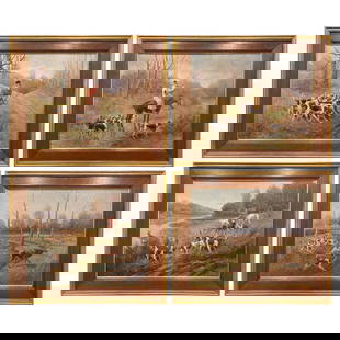 Set of Four 19th Century Framed Hunt Paintings by Emile Godchaux: Set of Four 19th Century Framed Hunt Paintings by Emile Godchaux Enhance your space with this stunning set of four 19th century framed oil on canvas hunt paintings, each signed by the renowned artist