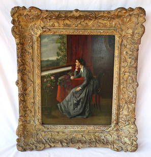 19th Century Flemish Oil Painting by Albert Roosenboom: 19th Century Flemish Oil Painting by Albert Roosenboom This exquisite original 19th century oil on board painting, titled "Thoughts Far Away," features a lady gazing out of a window. Created by the Fl