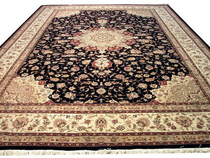 Luxurious 9.9 x 13.9 Handwoven Black Silk Wool Kashan Area Rug: Luxurious 9.9 x 13.9 Handwoven Black Silk Wool Kashan Area Rug Discover the beauty of our 10' x 14' Black Silk & Wool Kashan Rug, a stunning addition to any home decor. This handwoven area rug showcas