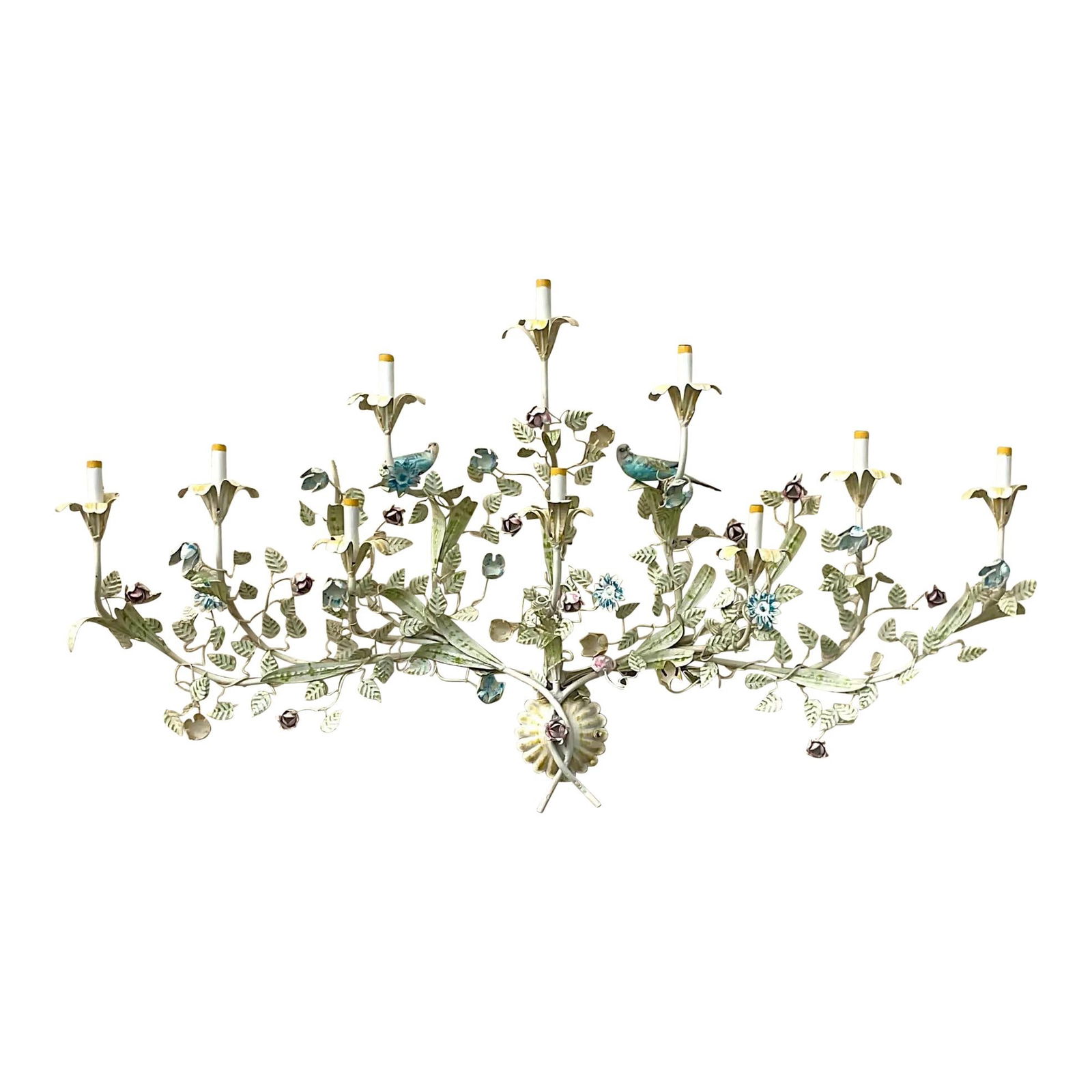 Vintage Regency Hand-Painted Floral Wall Sconce with Birds: Vintage Regency Hand-Painted Floral Wall Sconce with Birds Illuminate your space with this exquisite vintage Regency hand-painted floral wall sconce. Featuring a charming floral design adorned with de
