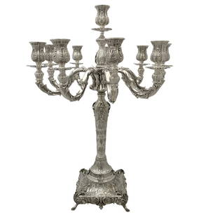 Elegant 10 Light Sterling Silver Candelabra with Leaf Design 24 Inches: Elegant 10 Light Sterling Silver Candelabra with Leaf Design 24 Inches Add elegance to your dining experience with this exquisite handmade 10 light candelabra crafted from fine 925 Sterling Silver. Th