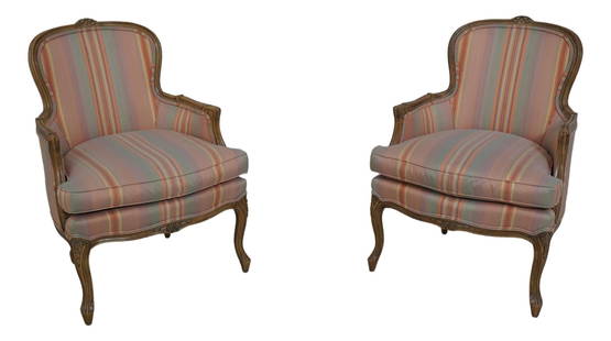 Elegant Pair of Century Tuscany French Louis XV Bergere Chairs: Elegant Pair of Century Tuscany French Louis XV Bergere Chairs This exquisite pair of Century Tuscany French Louis XV Bergere chairs features a classic design with factory distressed details and elega