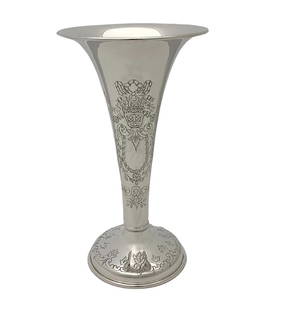 925 Sterling Silver Handmade Floral Etched Flower Vase 11.25": 925 Sterling Silver Handmade Floral Etched Flower Vase 11.25" This exquisite flower vase is crafted from fine 925 sterling silver, showcasing a stunning handmade etched floral design that adds an eleg