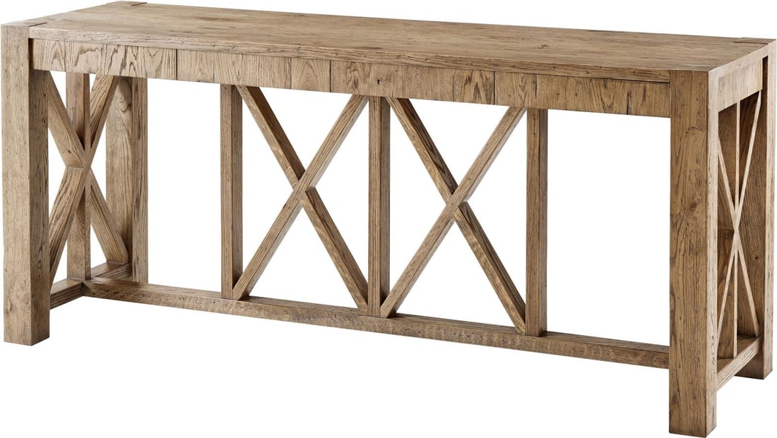 Theodore Alexander Echo Oak Rustic Console Table 35.75H 80W 25D: Theodore Alexander Echo Oak Rustic Console Table 35.75H 80W 25D Introducing the Theodore Alexander Echo Oak Console Table, a stunning addition to your home decor. This rectangular console table featur