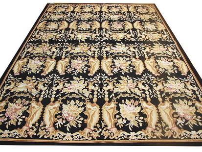 6' x 9' Black Aubusson Hand-Knotted Area Rug Premium Wool: 6' x 9' Black Aubusson Hand-Knotted Area Rug Premium Wool Introducing the 6' x 9' Black Aubusson Weave Rug, a stunning embodiment of classic sophistication and intricate craftsmanship. This rug