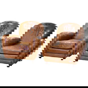Art Deco Pair of French Patinated Leather Club Chairs Set of 2: Art Deco Pair of French Patinated Leather Club Chairs Set of 2 Crafted in France circa 1930, this charismatic pair of early 20th-century leather club chairs seamlessly blends timeless French comfort w