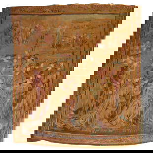Late 19th Century French Hand-Woven Wool Tapestry Vienna Secession 94 x 102: Late 19th Century French Hand-Woven Wool Tapestry Vienna Secession 94 x 102 This exquisite late 19th century French figurative tapestry showcases the rich craftsmanship of the Vienna Secession style.