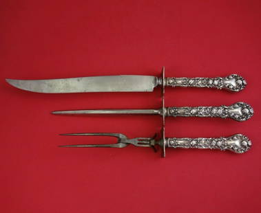 Durgin Marechal Niel Sterling Silver 3-Piece Roast Carving Set: Durgin Marechal Niel Sterling Silver 3-Piece Roast Carving Set Presenting a stunning 3-piece roast carving set in the elegant Marechal Niel pattern by Durgin, crafted from sterling silver. This vintag