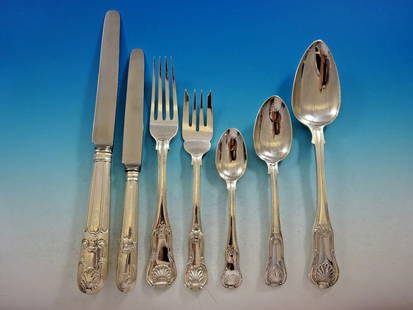 Kings English Sterling Silver Flatware Set for 12 - 84 Pieces with Shell Motif: Kings English Sterling Silver Flatware Set for 12 - 84 Pieces with Shell Motif Enhance your dining experience with this exquisite Kings English Sterling Silver Flatware Set, designed for 12 people. Co