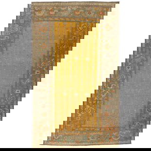 Early 20th Century Yellow Ghiordes Carpet Wool Oushak Design 12'6 x 21'2: Early 20th Century Yellow Ghiordes Carpet Wool Oushak Design 12'6 x 21'2 Discover this exquisite early 20th century Yellow Antique Turkish Ghiordes Carpet, showcasing a vibrant all-over sunny yellow m