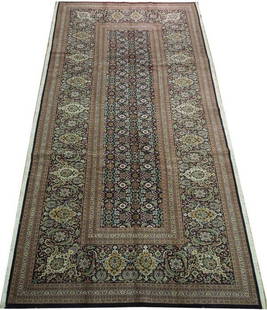 Persian Tabriz 6.5 x 12.10 Black Wool Silk Runner Rug: Persian Tabriz 6.5 x 12.10 Black Wool Silk Runner Rug Elevate your space with this luxurious 6.5 x 12.10 Long Runner Rug, handcrafted by skilled artisans in Tabriz, Iran. This exquisite piece features