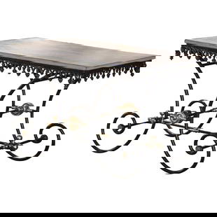 Antique French Slate Top Pastry Table with Bronze Accents 1920: Antique French Slate Top Pastry Table with Bronze Accents 1920 This exquisite Early 20th Century French Slate Top Iron Pastry Table showcases a blend of craftsmanship and functionality. Rectangular in