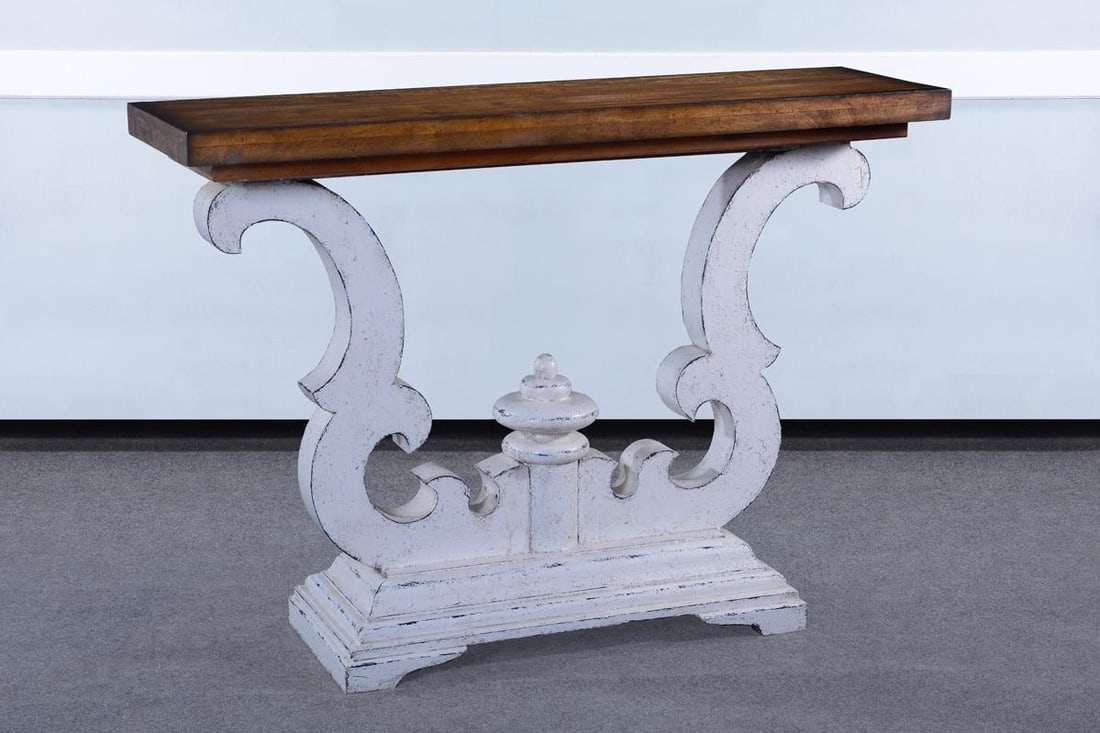 Antique White Scroll Design Console Table 35H 50W 14D Solid Wood: Antique White Scroll Design Console Table 35H 50W 14D Solid Wood This exquisite Old World Scroll Design Console Table features a stunning heavy scroll design, embodying the charm of antique or vintage