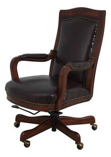Maitland Smith Swivel Mahogany Brown Leather Desk Chair RA-1015ST-DUB-CHE: Maitland Smith Swivel Mahogany Brown Leather Desk Chair RA-1015ST-DUB-CHE This elegant Maitland Smith swivel desk chair is crafted from high-quality mahogany and features rich brown leather upholstery
