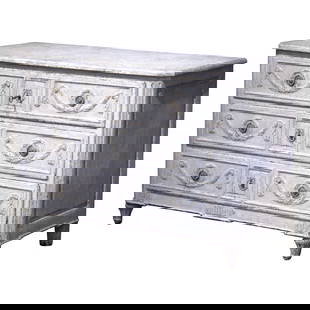 Antique 18th Century Louis XVI Three-Drawer Chest Faux Marble Top: Antique 18th Century Louis XVI Three-Drawer Chest Faux Marble Top Elevate your space with this exquisite 18th Century Louis XVI carved and painted three-drawer chest, a perfect addition to any bedroom