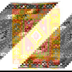 Mid-20th Century Bohemian Turkish Kilim Rug 40 x 51: Mid-20th Century Bohemian Turkish Kilim Rug 40 x 51 Discover the vibrant charm of this Bohemian Colorful Turkish Kilim Flat-Weave, a mid-20th century piece that adds a touch of warmth and character to