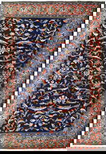 Handcrafted 9 x 10.2 Persian Sarouk Lilihan Rug Navy Blue Wool: Handcrafted 9 x 10.2 Persian Sarouk Lilihan Rug Navy Blue Wool Introducing the exquisite 9 x 10.2 Navy Blue Fine Persian Sarouk Lilihan Rug, a stunning addition to your home decor. Handcrafted by skil