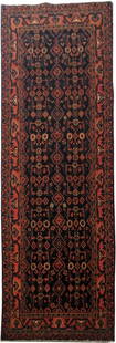 4' x 13' Smoky Black Handmade Persian Hamadan Rug: 4' x 13' Smoky Black Handmade Persian Hamadan Rug Introducing the exquisite 3.8 x 13.5 Smoky Black Persian Hamadan Area Rug, a beautiful blend of elegance and heritage. Handcrafted by skilled Persian