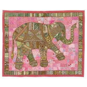 Mid-20th Century Indian Elephant Embroidery Tapestry Cotton Beads
