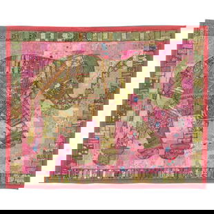 Mid-20th Century Indian Elephant Embroidery Tapestry Cotton Beads: Mid-20th Century Indian Elephant Embroidery Tapestry Cotton Beads This stunning Indian elephant embroidery tapestry is a remarkable piece from the mid-20th century, featuring intricate