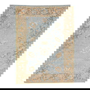 Blue Handmade Wool Oushak Rug 9'1" x 12'1" Modern Floral Design: Blue Handmade Wool Oushak Rug 9'1" x 12'1" Modern Floral Design Discover the elegance of this handmade wool rug from Oushak, Turkey, featuring a modern design that showcases a delightful floral