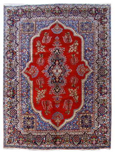 Handmade Persian Tabriz Sarouk Rug 9.7 x 12.11 Red Blue Wool: Handmade Persian Tabriz Sarouk Rug 9.7 x 12.11 Red Blue Wool Enhance your living space with this exquisite 9.7 x 12.11 Persian Tabriz Sarouk Rug, meticulously handcrafted by skilled Persian artisans.