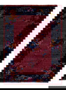 Burgundy Antique Art Deco Handmade Chinese Wool Rug 8'9 x 12': Burgundy Antique Art Deco Handmade Chinese Wool Rug 8'9 x 12' This exquisite antique Art Deco Chinese rug showcases a stunning hand-knotted wool construction in a rich burgundy field. Accentuated by
