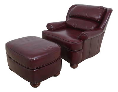 Elegant Burgundy Leather Club Chair and Ottoman Set C.1998: Elegant Burgundy Leather Club Chair and Ottoman Set C.1998 Experience comfort and style with this Quality Burgundy Leather Club Chair and Ottoman, crafted around 1998. This elegant set features high-q