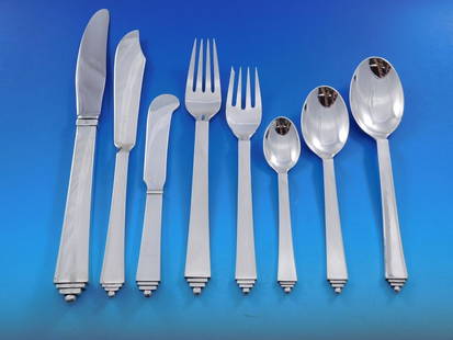 Georg Jensen Pyramid Sterling Silver Flatware Set for 8 70 Pieces Art Deco: Georg Jensen Pyramid Sterling Silver Flatware Set for 8 70 Pieces Art Deco Elevate your dining experience with this exquisite Pyramid flatware set by Georg Jensen, crafted from high-quality sterling s