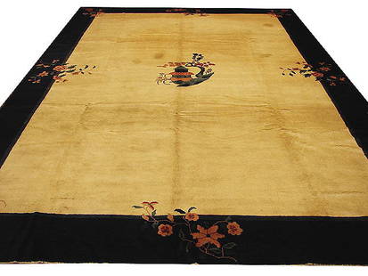 Hand-Knotted 9.10 x 14 Golden Tan Art Deco Rug from China: Hand-Knotted 9.10 x 14 Golden Tan Art Deco Rug from China Introducing an exquisite hand-knotted Art Deco Area Rug that embodies timeless elegance and superior craftsmanship. Measuring 9.10 feet in wid