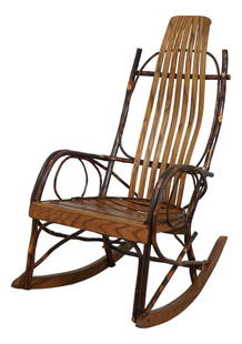 Daniel Byler Adirondack Rustic Hickory Rocking Chair C.1985: Daniel Byler Adirondack Rustic Hickory Rocking Chair C.1985 This Adirondack Rustic Hickory Bentwood Rocking Chair, crafted circa 1985, showcases quality multiwood construction. It is signed by Daniel