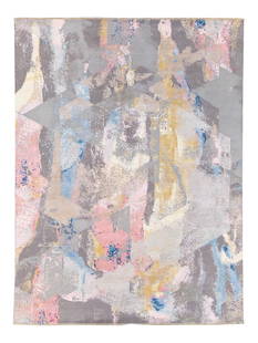 Handmade Multicolor Abstract Wool Silk Rug 9'1" x 12'2": Handmade Multicolor Abstract Wool Silk Rug 9'1" x 12'2" Discover a stunning modern Indian hand-knotted rug that beautifully combines wool and silk, featuring a striking gray field with vibrant beige,