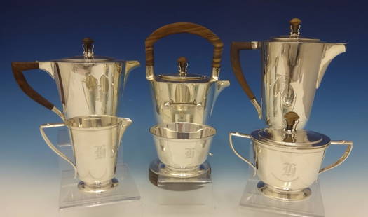 International Sterling Silver 6pc Tea Set Mid-Century Modern with Teak Handles: International Sterling Silver 6pc Tea Set Mid-Century Modern with Teak Handles This exquisite 6-piece tea set by International Sterling Silver showcases a beautiful Mid-Century Modern design, complete