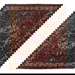 Handmade Antique Persian Bakhtiari Wool Rug Red Medallion 13'1 x 15'3: Handmade Antique Persian Bakhtiari Wool Rug Red Medallion 13'1 x 15'3 Discover the exquisite craftsmanship of this Handmade Rosette Antique Persian Bakhtiari Wool Rug featuring a vibrant red field. Th