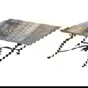 Vintage Gothic Crackle Glass Coffee Table on Wrought Iron Base: Vintage Gothic Crackle Glass Coffee Table on Wrought Iron Base This striking vintage coffee table features a unique crackle glass top, measuring 1 inch thick with scalloped edges, supported by a polis