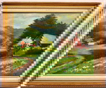 Impressionist Oil Painting 'The Red Barns' by Susan Howes: Impressionist Oil Painting 'The Red Barns' by Susan Howes Experience the charm of mid-20th century art with this original oil painting titled "The Red Barns" by Susan Howes, a notable piece from the e